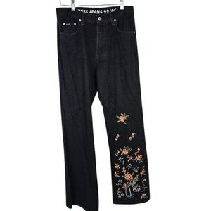 Vintage 90s Y2K Express Denim Bootcut Jeans 9/10 Black‎ Floral Embroidered Boho